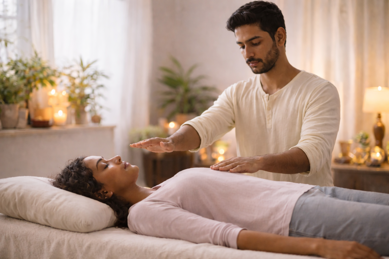 Online Reiki healing session in a calm spiritual setting